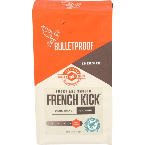 French Kick Ground Coffee Dark Roast, 12 Oz, Bulletproof Keto Friendly 100% Arabica Coffee, Certified Clean Coffee, Rainforest Alliance, Sourced from Guatemala, Colombia & Brazil
