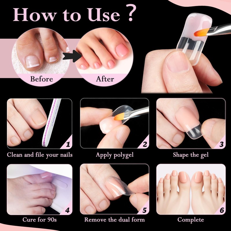 Kiiwah 130 Pcs Toes Nail Forms for Polygel, Reusable Square