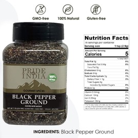 Pride of India – Black Pepper Ground – Ideal for Gourmet Dishes/Soups/Stews/Rubs – Fresh & Preservatives Free – Warming Spice – Easy to Store – 7oz. Medium Dual Sifter Jar