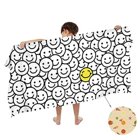Ulticool Smiley Happy Face Towel - Child Girl Boy - Quick Drying Microfibre Bath Towel - 140 x 70 cm - Travel Fitness Gym Sports Spa Yoga - White Yellow