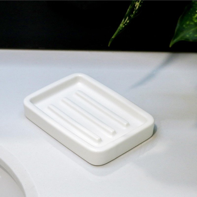 Matte Ceramic Soap Dish with Raised Ridges, Rectangular Soap Holder