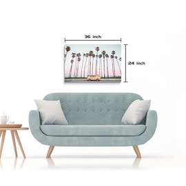 Coastal Landscape Canvas Wall Art: Modern Tropical Palm Tree Prints Pink Sunset Artwork for Bathroom