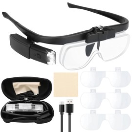 Headband Magnifying Glass, Rechargeable Head Magnifier Glasses with 2 LED Lights, 3 Detachable Lenses (1.5X-2X-2.5X) for Reading, Jewelry Crafting, and Precision Work