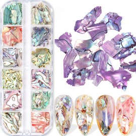 12 Grids Abalone Seashell Slices,Irregular Abalone Shell Slices Nail Art Glitter Flakes Acrylic Nails Supplies Holographic Glitters Nail Art Shell Piece Charm Shiny Decoration UV Gel Accessories Craft