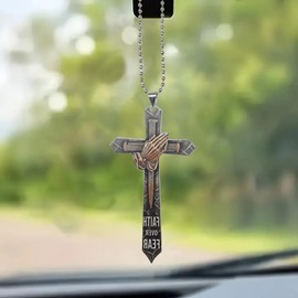 Cross Car Pendant, 2D Flat Acrylic Car Rear View Mirror Charm Decoration, Easter Praying Hands Car Hanging Ornament, Suitable for Car, Truck, SUV