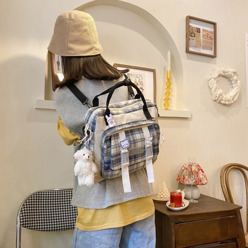 Cute Backpack with Accessories Check Dual Purpose Backpack Shoulder Bag