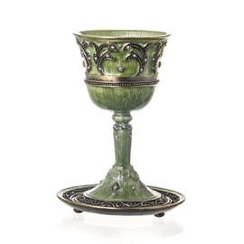 Jewish, Shabbat Elegant Jeweled Green Enamel & Pearls Kiddush Cup, Saucer included, Gift Box Included. 4.75" Tall