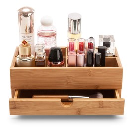 GOBAM Makeup Storage Drawer Organizer Bamboo Cosmetic Display Box, Makeup Brush Holder Fits your Vanity, Bathroom Counter or Dresser