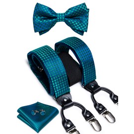 DiBanGu Teal Bow Tie and Suspenders for Men 6 Clips Adjustable Y-shape Braces Plaid Pocket Square Cufflinks