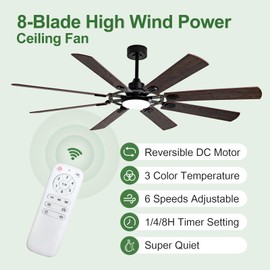 72 Inch Large Ceiling Fan with Light and Remote Control. Modern Black Ceiling Fan Light. Suitable for Living Rooms, Courtyards, and Big Farmhouses. Silent Reversible DC Motor. Memory Remote Control.