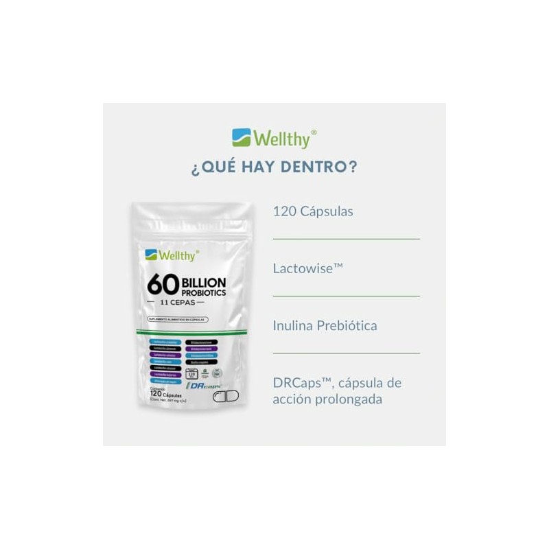 Wellthy Probioticos 60 Billones 11 Cepas. 120 Cápsulas 4 meses