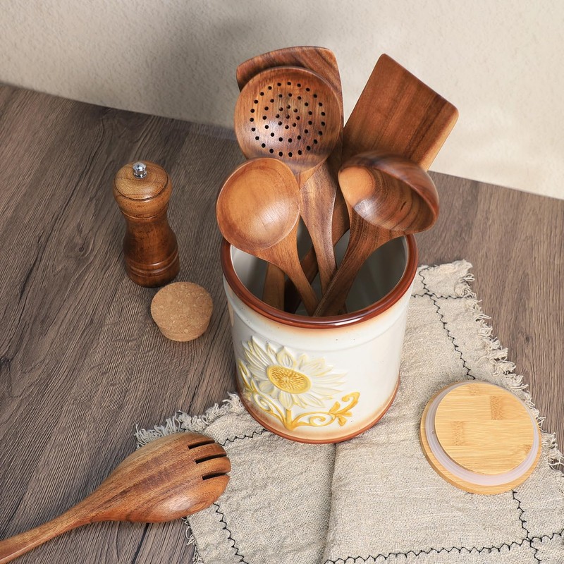 Bicuzat Ceramic Sunflower Embossed Pattern Kitchen Utensil Holder, Large Cooking