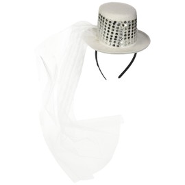 Mini Sequinned Top Hat on Head Band with Veil, Novelty Hat Adult One Size Only