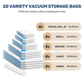 Simple Deluxe Vacuum Storage Bags 20 Pack, Space Saver Bags with Hand Pump, Vacuum Seal Bags for Clothing Travel, Comforters, Blankets, Bedding, Pillows (4 Jumbo/4 Large/4 Medium/4 Small/4 Roll M)