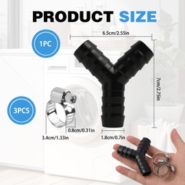 2-Way Y-Splitter for Drain Hoses, 3/4 Inch (19 mm) Connection, Includes 3 Hose Clamps, Washing Machine Connection, Plastic Hose Distributor, for Washing Machines and Dishwashers