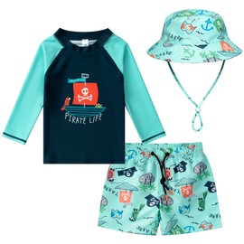 Tunoluker Toddler and Baby Boys' 3-Piece Swimsuit Trunk, Long Sleeve Rashguard Bathing Suit with Hat Set (as1, Age, 18_Months, 24_Months, Green Sailboat)