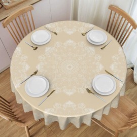 SNAIL GARDEN 152cm/60in Round Table Cloth Wipeable, Spill-proof Polyester Circular Table Cloths，Solid Colour Beige Lace Pattern Circular Tablecloth,Elegant Round Floral Table Cover for Home Garden