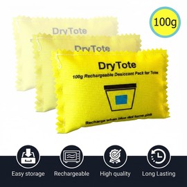 DryTote Rechargeable Desiccant Pack, Ultimate Moisture Absorption, Color Change Indicator, Safe Storage Protection, Large Capacity 200 Gallons, 100g, Yellow