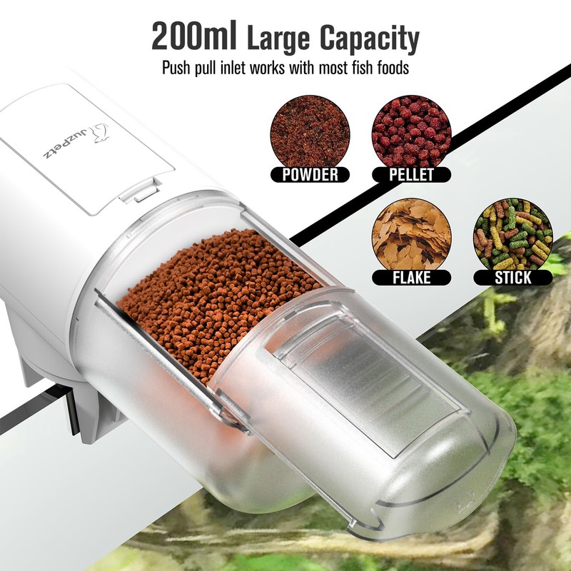 JuzPetz Automatic Fish Feeder Dispenser for Aquarium, 200ml Large Capacity