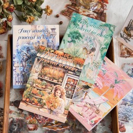 Snycler 80 Sheets PET Stickers - Vintage Journaling, Scrapbooking Supplies, DIY Craft Stickers for Junk Journals, Ephemera Sticker Book, Seasonal Themes (Spring Summer Autumn Winter), Pre-Cut Designs