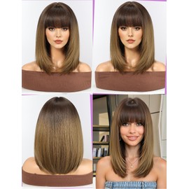WOKESTAR Staright Wig with Fringe Synthetic Mid-length Layered Wigs for Women Ombre Brown Color