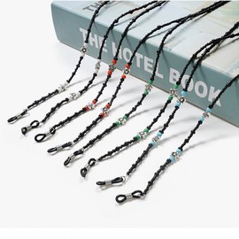 Black Agate Floral Beaded Mask Holder & Eyeglass Chain Necklace Eyewear Accessory Blue