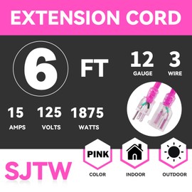 EP - Cable de extensión para exteriores de 6 pies con extremo iluminado, calibre 12/3 SJTW Cable de extensión resistente con enchufe de 3 clavijas, 15AMP 1875W 12AWG, rosa, listado UL
