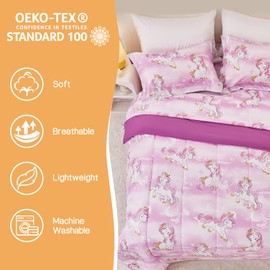 Yibeizi Unicorn Kids Comforter Set for Girls Full Size, Cute Quilted Lavender Printed Bedding Set with Pillow Sham, Lightweight Soft Breathable Machine Washable Bed Set 3 Piece