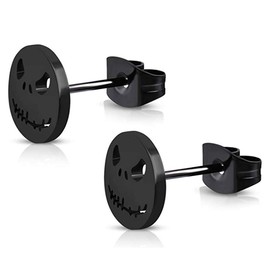 YZstyle Stainless Steel Black/Silver Jack Skellington Cut-Out Round Circle Button Stud Post Earrings（10mm） (BlackER0026)
