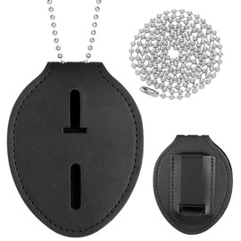 Black Police Badge Holder, Universal Leather Police Badge Holder Belt Clip with Spring Clip and Neck Chain