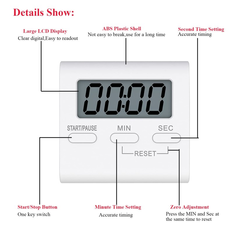 Small Digital Kitchen Timer Magnetic Back, Loud Alarm Reminder with