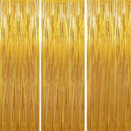 Lametta - Tenda color oro, 3 pezzi (1 m x 3 m), effetto metallizzato, con frange, decorazione per feste, feste di compleanno, foto, sfondo per matrimoni, discoteca, Natale