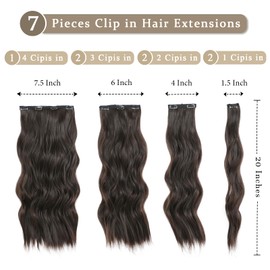 Clip in Hair Extensions for Women 20 Inch Dark Brown Long Wavy Hair Extensions Clip ins 7PCS Lightweight Lace Weft Synthetic Hairpieces for Daily Use