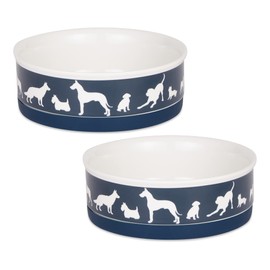 Bone Dry Ceramic Dog Food & Water Bowl Set, Removeable Non-Skid Ring Bottom, Microwave & Dishwasher Safe, Medium, 6x2, Navy, 2 Count