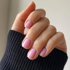 KQueenest Acrylic Press on Nails Short Square, Baby Pink False Nails Short Coffin, Glossy Natural Solid Color Small Fake Nails Set, Reusable Gel Stick on Nail for Women Finger Daily Wear 24 Pcs