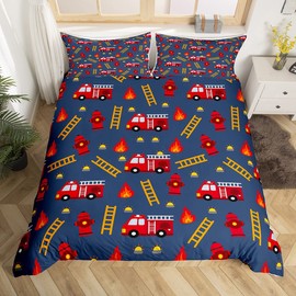 Children's Fire Engine Bed Linen Sets 135 x 200 cm Red Fireman Car Cover, Cartoon Car Bed Fire Brigade Vehicle Duvet Cover, Navy Red Orange Yellow Quilt Cover Breathable (Zip Closure)