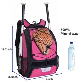 DAFISKY Youth Baseball Bag with Shoes Compartment - Baseball Backpack with Fence Hook for T-Ball & Softball Equipment & Gear, Holds Bat, Helmet, Glove(Pink)