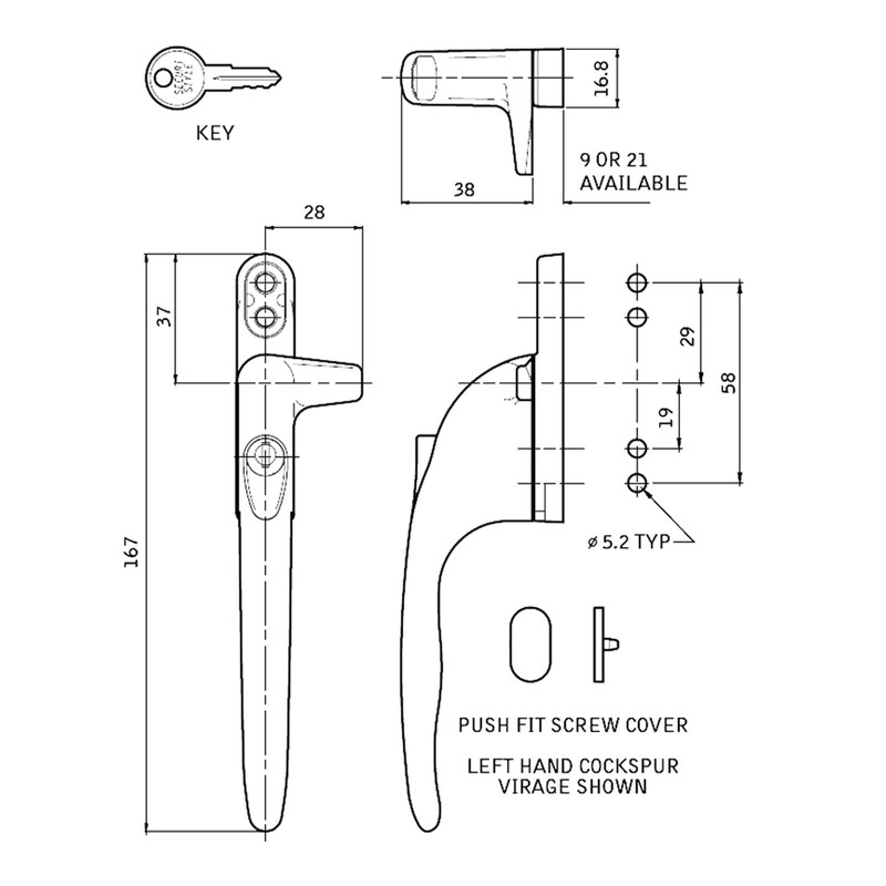 Securistyle Virage CB09WHL Cockspur Window Handle (White) - Left, 9mm