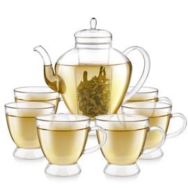 Teabloom Grand Bouquet Borosilicate Glass Tea Set for Six – Elegant 50oz Teapot with Microdot Infuser & Six 8oz Teacups – A Pure & Immersive Tea Experience – Tea Purist's Choice