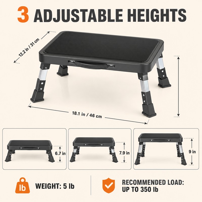 Adjustable Folding Step Stool with 3 Heights, 6.7-9 in, Non-Slip