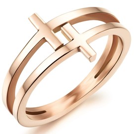 Womens Elegant 18K Rose Gold Stainless Steel Double Cross Ring Christian Fashion Wedding Engagement Band Size 9