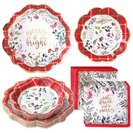 Kate Aspen 62pc Christmas Tableware Set Holiday Dinner Party Kit - 16pcs 7 inch & 9 inch Heavy Duty Disposable Party Plates, 30pcs 6.5 inch Durable Paper Napkins