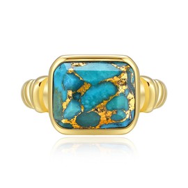 Women's 14K Gold Plated Statement Rings Emerald Cut Teal Turquoise Ring Stainless Steel Chunky Gold Rings Womens Gift Size T1/2