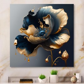 DesignQ Metal Art Wall Decor Deep Blue and Gold Blossom II - Wall Art For Living Room, Wall Art Bedroom, Dining Room Wall Decor