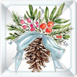 Boston International Paper Plates Square |Appetizer + Dessert Size, 7 x 7-Inches, Pinecones and Ribbons