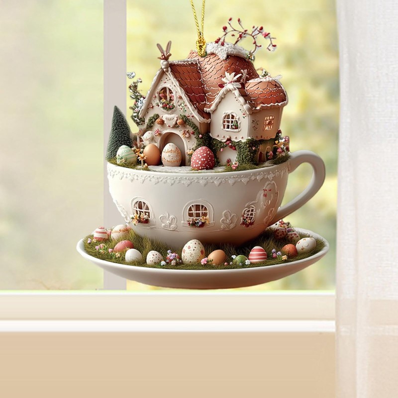 Easter Hangable Decorations, Coffee Cup House Easter Egg Cute Decorative
