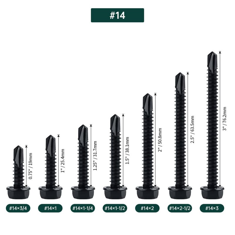 #14 x 1-1/4" Black Hex Washer Head Self Drilling Screws