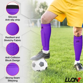 LUONT - Soccer Shin Guards for Men, Women & kids | Protective Football Soccer Pads with Superior Impact Absorption, Breathable, & Lightweight | Football Shin Guards Sleeves (M, Purple)