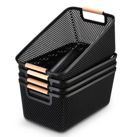 Tioncy 4 Pcs Plastic Mesh Baskets with Wood Handle Woven Mesh Storage Organizer Bins Multi-function Rectangle Baskets for Home Pantries Shelves Closet Kitchens Bedrooms(10.4 x 7.2 x 4.7 Inches)