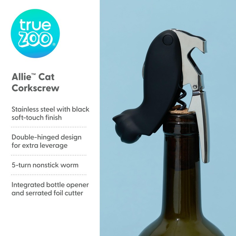 TrueZoo Allie the Black Cat Double Hinged Corkscrew, Novelty Wine